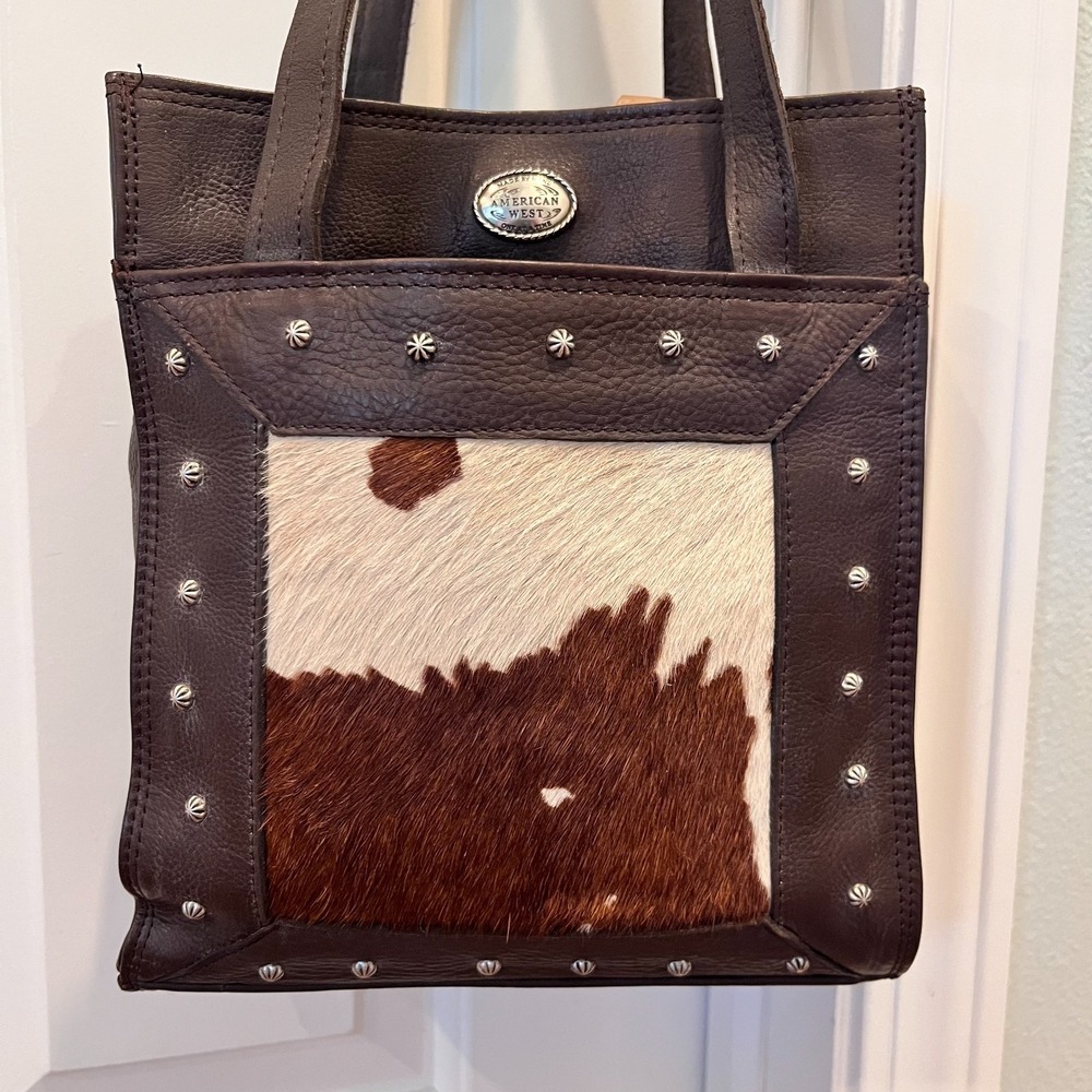 American West Leather Purse Shoulder Bag Cow Hide Hair Metal Studs Western